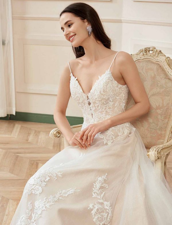 Gorgeous Blush V-neck Flower Lace A-Line Wedding Dress