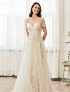 Romantic Off the Shoulder Illusion Pleated Bodice Tulle Bridal Gown
