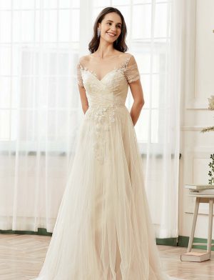 Romantic Off the Shoulder Illusion Pleated Bodice Tulle Bridal Gown