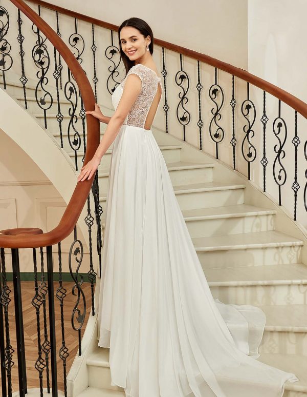 Cap Sleeve Chiffon A-Line Wedding Dress With Detachable Train