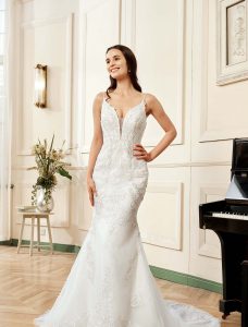 Plunging V-neck Silver Embroidered Lace Court Train Wedding Dress