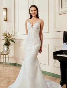 Plunging V-neck Silver Embroidered Lace Court Train Wedding Dress