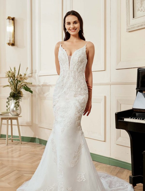 Plunging V-neck Silver Embroidered Lace Court Train Wedding Dress