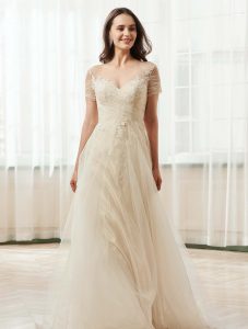 Romantic Off the Shoulder Illusion Pleated Bodice Tulle Bridal Gown