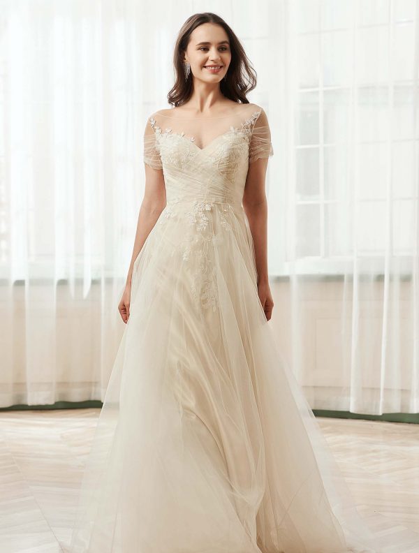Romantic Off the Shoulder Illusion Pleated Bodice Tulle Bridal Gown