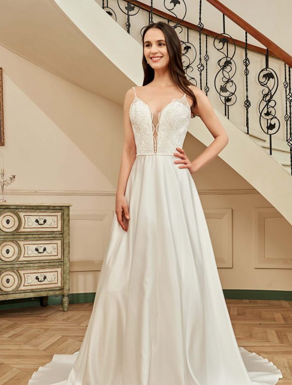 Beaded Deep V-neckline Satin A-Line Pockets Wedding Dress